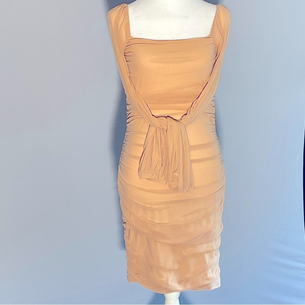 Beige Ruched Bodycon Dress Sheer Sleeves |Size S - Picture 15 of 16